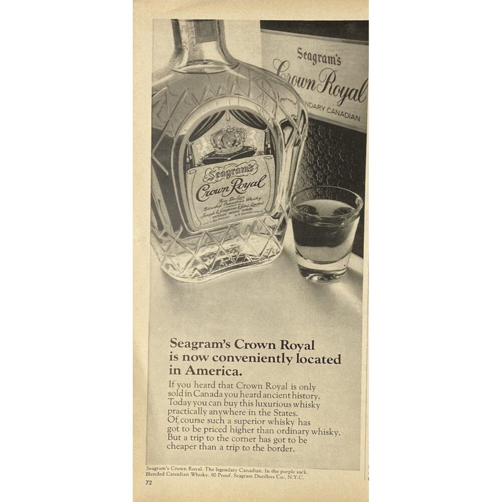 Seagram's Crown Royal Canadian Whiskey "Conveniently in USA" Vtg Print Ad 1969